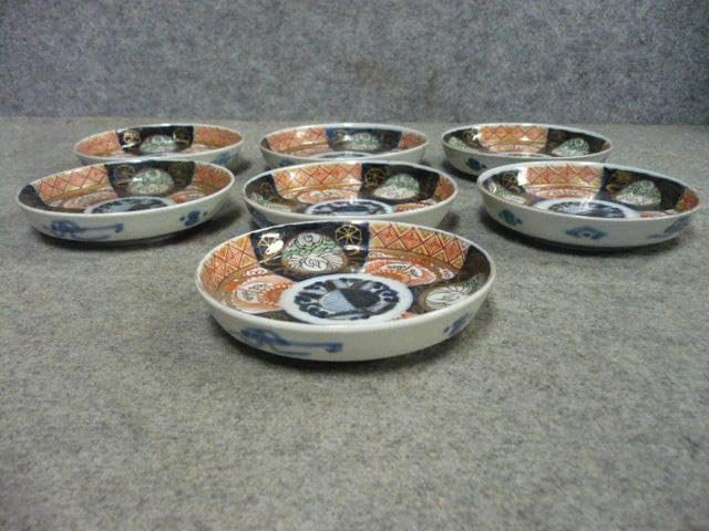 伊万里焼色絵丸文に鶴図4寸手塩皿 7枚 B31602 伊万里焼色絵